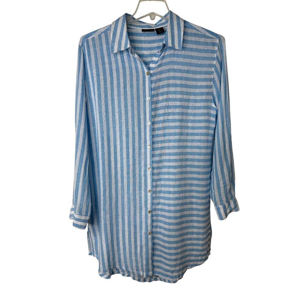 Tahari Blue & White Striped Button-Down Shirt 3/4 Sleeves Linen Blend Size L